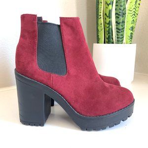 H&M Divided Burgundy Faux Suede Chelsea Platform Heeled Boot